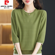 皮爾卡丹（pierre cardin）溫柔女裝春夏圓領針織衫時尚新款七分袖t恤中年媽i媽中袖百搭上衣 綠色 5XL碼【建議175-190斤】