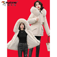 啄木鳥(niǎo)加絨加厚派克服外套女士冬季2025新款中長(cháng)款棉衣收腰棉服大碼棉襖 米白色 加絨加厚 XL 125-140斤