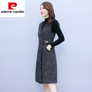 皮爾卡丹（pierre cardin）毛呢V領(lǐng)背心收腰條紋馬甲連衣裙氣質(zhì)打底顯瘦大尺碼兩裝女秋冬202 單件黑灰裙 2XL 125-135斤