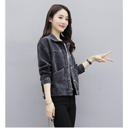 貝吉棋牛仔外套女短款2022春秋裝新款韓版寬松長袖薄款牛仔衣短外套上衣 黑色8816 2XL 140-150斤左右