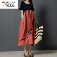 啄木鳥(niǎo)2025夏韓版寬松撞色棉麻中長(cháng)裙子女文藝范短袖亞麻大擺連衣裙 桔色 L 【120-135斤】