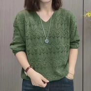 純子兮品針織衫女2025春秋新款時(shí)尚洋氣鏤空顯瘦氣質(zhì)寬松百搭毛衣長(zhǎng)袖上衣 純色鏤空淺綠【一件裝] 4XL 建議【160-175斤]
