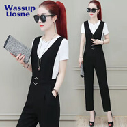 尚簡(jiǎn)紛 背帶褲女2025夏新款韓版時(shí)尚減齡氣質(zhì)V領(lǐng)高腰顯瘦小腳連體褲套裝 (背帶褲+白丅) XL (建議120--135斤)