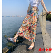 美安嘉傣族裙子女西雙版納民族風(fēng)印花開(kāi)叉裹裙海邊度假一片式綁帶半身裙 藍(lán)黃唐草紋-a字半身裙 均碼 系帶腰圍可調(diào)節(jié)-a字半身裙