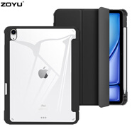 zoyu iPad Air7保護套帶筆槽2025新款11英寸M3芯片適用蘋果Air6三折13英寸2024透明亞克力air5防彎硬殼 尊貴黑【配鋼化膜】 2025/2024款A(yù)ir7/6【13英寸】