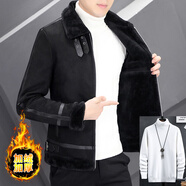 皮爾卡丹（pierre cardin）冬季鹿皮絨外套男短款夾克皮毛一體加絨加厚羊羔毛麂皮夾克機車(chē)服 黑色(白毛衣) M