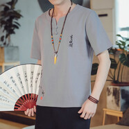 管先生中國(guó)風(fēng)男裝刺繡亞麻短袖T恤寬松大碼夏季薄款棉麻復(fù)古盤(pán)扣夏裝t恤 T85淺灰色 M