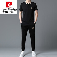 皮爾卡丹（pierre cardin）高端夏季新款休閑運(yùn)動套裝男士翻領(lǐng)短袖T恤兩件套潮t 915黑色【短袖+長褲】 175/XL