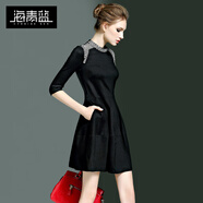 海青藍(lán)（CYANINE SEA）春秋女裝新款時(shí)尚復(fù)古圓領(lǐng)釘珠赫本風(fēng)小黑裙優(yōu)雅氣質(zhì)連衣裙 黑色 M
