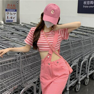 貝吉棋規則背帶裙套裝女春夏韓版2022新款辣妹設計感高腰顯瘦休閑長(cháng)褲 粉色背帶褲+粉色條紋 S 建議【80-100斤】