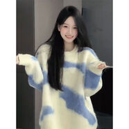 VJWK冬天青少女高中生加厚加絨毛衣初中女生藍天白云拼色毛茸茸套頭毛 拼色毛衣【關(guān)注店鋪送小禮物】 S