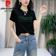 皮爾卡丹（pierre cardin）2025夏新款女士短袖t恤純棉短款上衣修身顯瘦體恤小眾女裝洋氣質(zhì) 黑色 L (建議100斤-115斤)