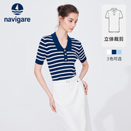 納維凱爾意大利小帆船女士翻領(lǐng)條紋針織短袖T恤2324524509 海軍藍/白 XL 