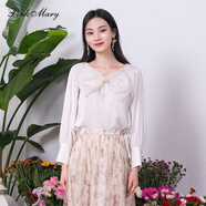 pinkmary粉紅瑪琍/粉紅瑪麗V領(lǐng)大蝴蝶上衣女舒適桑蠶絲小衫PMALS1013 米白 S