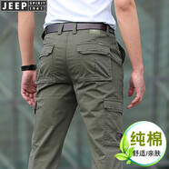 Jeep吉普工裝褲男寬松直筒春夏季多口袋休閑褲男士棉質大碼戶外長褲 606#軍綠色（春夏薄款） 38碼(腰圍2尺9)