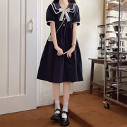 景怡依連衣裙12-20歲夏裝大童韓版中小學(xué)生女孩胖寬松大碼裙子初中學(xué)生 藏青色 XL