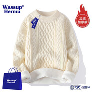 WASSUP HERMU潮牌聯(lián)名純色毛衣男女春秋季圓領(lǐng)打底針織衫保暖寬松情侶大碼上衣 加絨款-31米白色 M（推薦90-110斤）