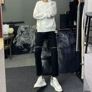 益帛牛仔褲男夏季新款港風(fēng)膝蓋拉鏈寬松做舊精神小伙修身小腳長褲子男 黑色 XL【建議115-130斤】
