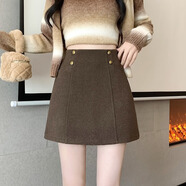 啄木鳥(niǎo)（TUCANO）美式復古辣妹高腰雙排扣毛呢a字半身裙女秋冬小個(gè)子包臀一步短裙 咖色 【自帶內襯】 XL 建議115-128斤