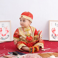 GOKU嬰兒抓周禮服中式唐裝套裝男寶寶周歲衣服紅色喜慶百天滿(mǎn)月兒童 繁星袖短  六件套 常規 上衣褲子帽子+鞋襪鎖 90 (XL) 建議體重20-25斤