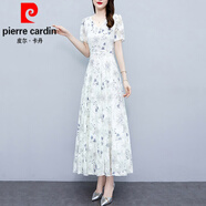 皮爾卡丹（pierre cardin）碎花雪紡連衣裙子女夏季2024年新款大l碼遮肉顯瘦氣質(zhì)中長(zhǎng)裙 藍(lán)灰花 3XL (141-151斤)