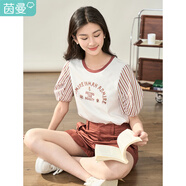 茵曼（INMAN）拼接泡泡袖T恤秋季女裝新款圓領(lǐng)印花上衣 白底印花 S