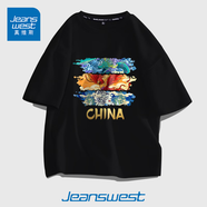 真維斯（JEANSWEST）短袖t恤男ins潮牌2025春夏季男女寬松oversize半袖衣服美式高街男 黑色 國潮三色 4XL