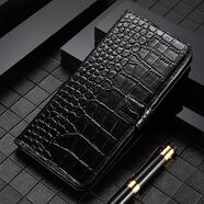 適用三星s23ultra鱷魚(yú)紋皮套note20牛皮s21plus一件翻蓋手機殼S20 黑色 三星S23