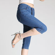 夏季天薄款七分短褲子女士高腰牛仔褲女馬褲矮小個(gè)子八分中褲彈力 藍色基礎款 31碼2XL126-135斤
