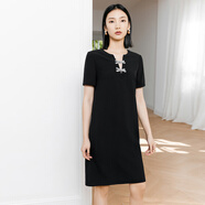 顏域設(shè)計(jì)感蝴蝶結(jié)小黑裙女裝2024新款夏季氣質(zhì)優(yōu)雅裙子短袖連衣裙 黑色 M/38