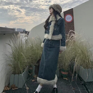 玉極虞復古牛仔套裝冬季毛絨絨外套長(cháng)裙半身裙兩件套感韓劇女主穿搭 主圖款 S 建議80-95斤