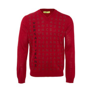 范思哲（VERSACE）奢侈品男裝毛衣男保暖休閑字母印花V領(lǐng)混紡毛衣 紅色 L