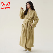 貓人（MiiOW）新款睡袍女秋冬季珊瑚絨男士浴袍情侶睡衣套裝加長(cháng)款浴衣加厚冬天 女-芥末黃美麗絨浴袍-單袍 M (適合100斤左右，衣長(cháng)125CM)