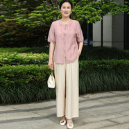 戴媽媽媽媽裝套裝夏裝2025中老年女裝新中式50-60歲時尚洋氣雪紡小衫t恤 粉色短袖+米色九分褲 3XL 建議115-130斤