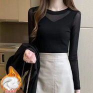 尚濤圓領(lǐng)打底衫女秋冬季女裝新款內搭彈力顯瘦百搭長(cháng)袖t恤網(wǎng)紗上衣 加絨黑色 M建議85-100斤