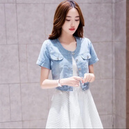 口旋韓版春夏季女裝短袖外套休閑牛仔小披肩修身短款薄款牛仔小外套 6185-淺藍(lán)色 短袖款 M