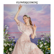 flowerscoming花兒開(kāi)了2024夏季新款雪紡印花一字肩連衣裙女高腰復古風(fēng)公主裙子 薔薇粉 S