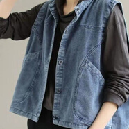 夢(mèng)史怡2022春裝新款做舊水洗寬松文藝無(wú)袖百搭休閑薄款牛仔馬甲外套穿女 藍色 #8906 S 建議90斤