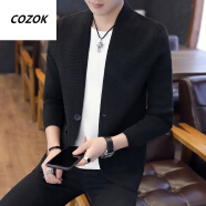 COZOK 2022新品春秋季男装衣服 条纹针织衫开衫青年毛衣 薄款立领外套 黑色 XL