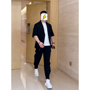 軒森圖微胖男生顯瘦穿搭夏季休閑短袖西服外套男士輕熟風(fēng)大碼小西裝套裝 黑色西服+白色T恤+黑色褲子 XL (175) 140-160斤