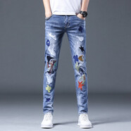 牛八方（NIUBAFANG）2025秋新款繡花破洞刺繡牛仔褲男韓版修身小腳褲潮男彈力花褲子男 淺藍色 28 碼(兩尺一)