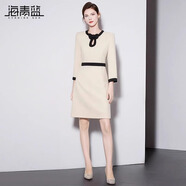 海青藍(lán)拉鏈法式優(yōu)雅蝴蝶結(jié)連衣裙2024秋季新款氣質(zhì)收腰顯瘦通勤中長裙 米白色 XL