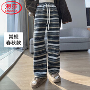浪莎民族風(fēng)直筒褲女秋冬復古毛呢條紋褲新款高腰直筒顯瘦加絨闊腿褲