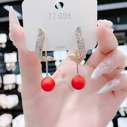 QUAMER鑲2023年新款潮s925純銀針氣質(zhì)珍珠耳環(huán)女感流蘇耳墜 紅色珍珠葉子耳環(huán)