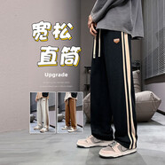 Foss Phil條紋褲子男春夏季運(yùn)動(dòng)冰絲薄款寬松直筒闊腿休閑長褲271黑色L