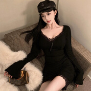 憶靜萱（YIJINGXUAN）白色純欲辣妹v領(lǐng)秋冬新款連衣裙蕾絲花邊長袖打底裙修身包臀夜店 黑色/帶胸墊【巨顯身材】 L 【建議105-115斤】