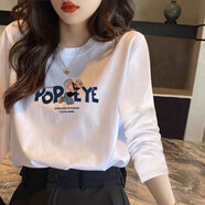 妃麗慕尚洋氣正肩白色長袖t恤女加絨加厚秋冬卡通印花保暖內搭上衣打底衫 【薄款】380-125白色 S 建議100斤以內