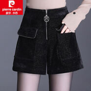 皮爾卡丹（pierre cardin）金絲絨短褲秋冬款女外穿2025新款秋冬高腰黑色闊腿冬季打底靴褲子 黑色 27M