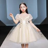 安妮優(yōu)兒女童禮服花童婚禮小女孩婚紗鋼琴演奏演出服兒童高端主持人公主裙 香檳色短款短袖 130