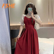 FSHE敬酒服新娘高級(jí)感回門(mén)紅色裙子小禮服平時(shí)可穿2025訂婚連衣裙女夏 紅色連衣裙短袖_高品質(zhì) 2XL_(建議140斤-160斤)